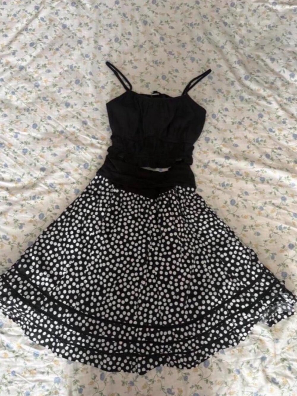 y2k 2000s black and white polka dot midi skirt